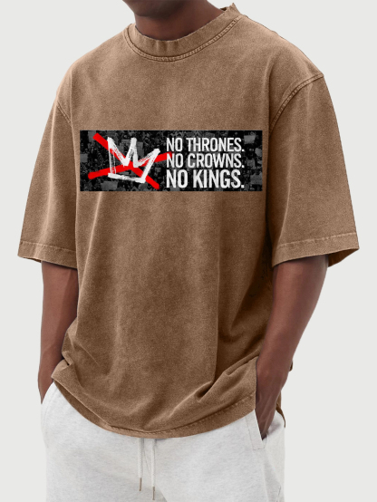 Men's No Kings 100% Cotton Washed And Distressed Vintage Print T-shirt-tidenox