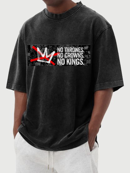 Men's No Kings 100% Cotton Washed And Distressed Vintage Print T-shirt-tidenox