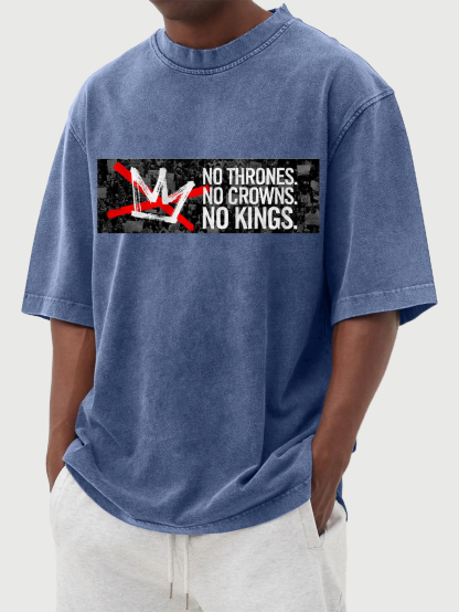 Men's No Kings 100% Cotton Washed And Distressed Vintage Print T-shirt-tidenox