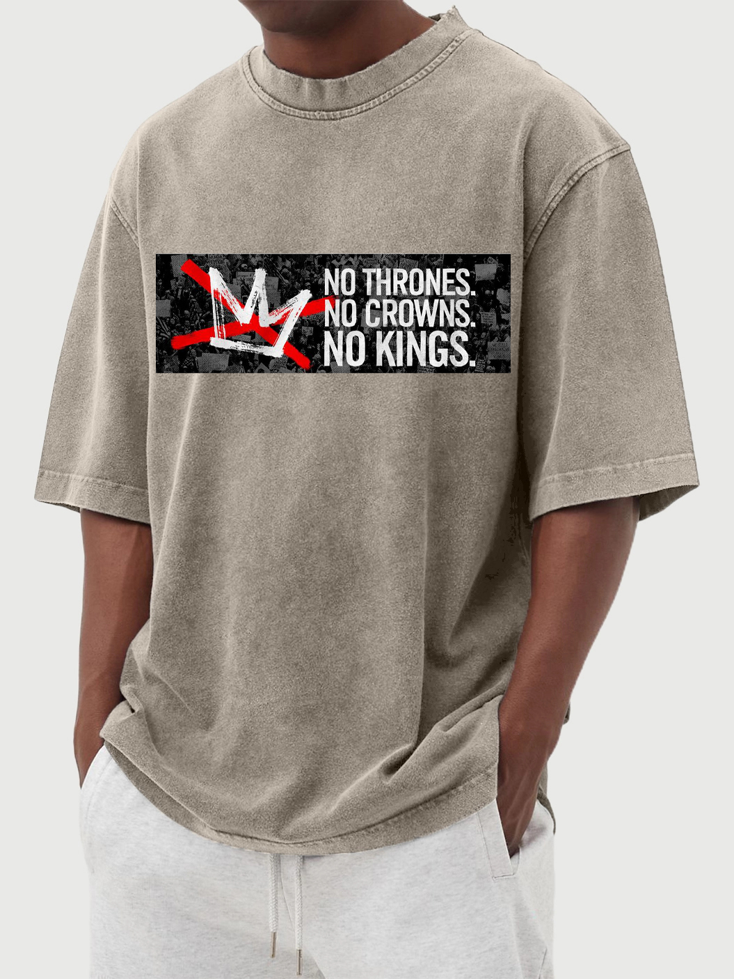 Men's No Kings 100% Cotton Washed And Distressed Vintage Print T-shirt-tidenox