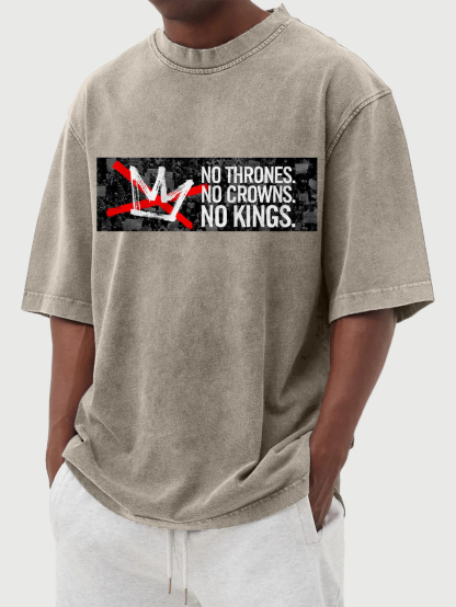 Men's No Kings 100% Cotton Washed And Distressed Vintage Print T-shirt-tidenox