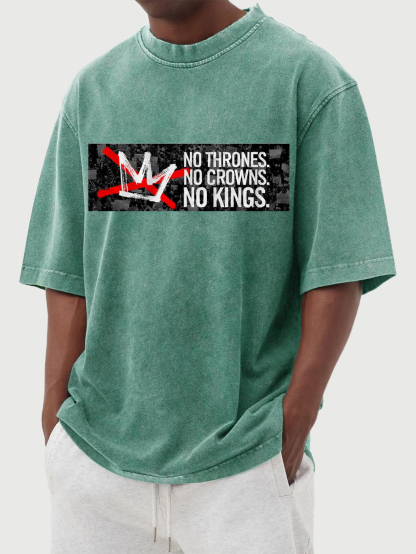Men's No Kings 100% Cotton Washed And Distressed Vintage Print T-shirt-tidenox