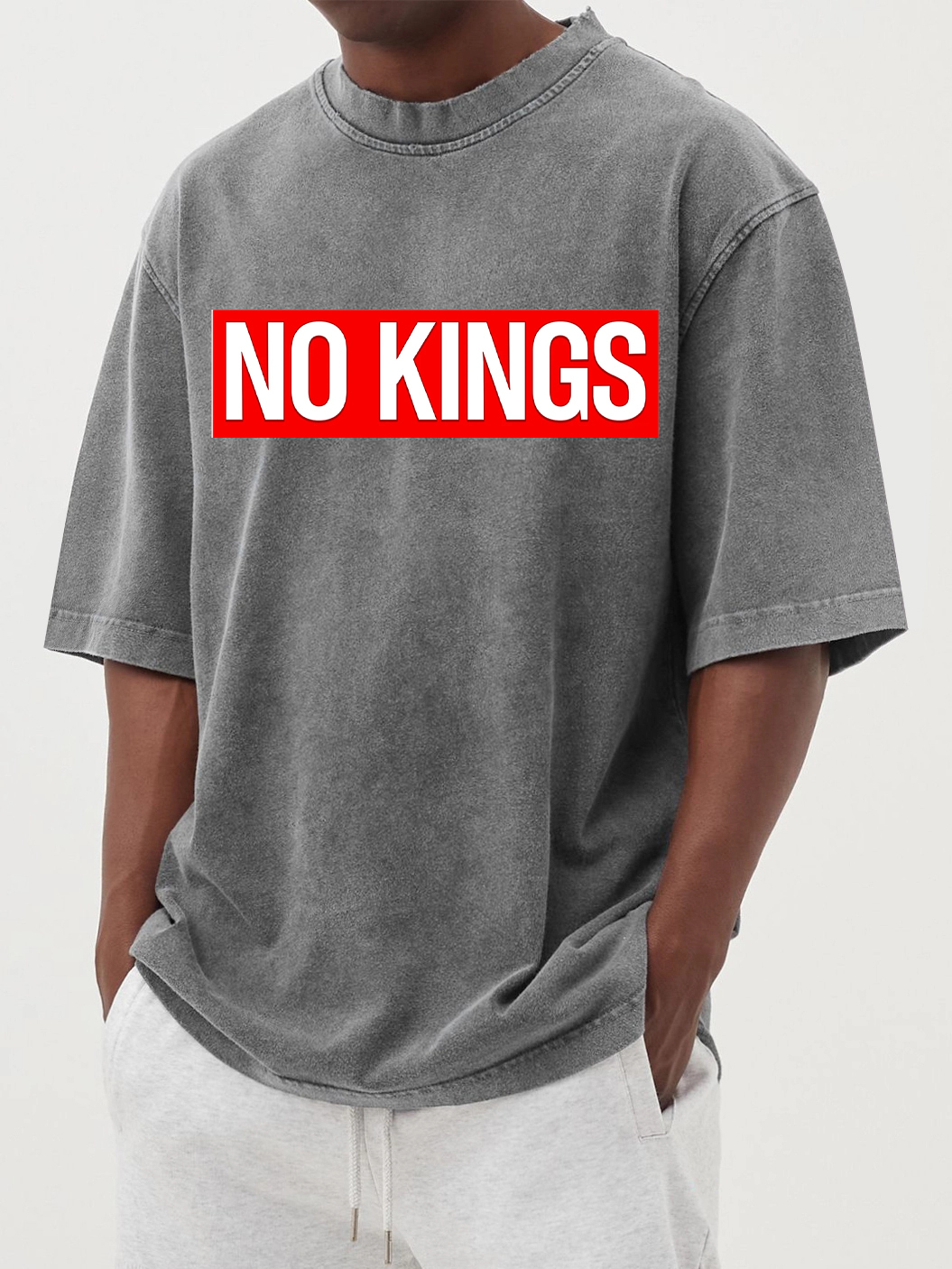 Men's 100% Cotton Washed And Distressed Vintage No Kings Print T-shirt-tidenox