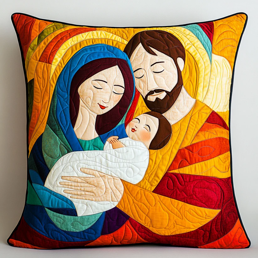 Vibrant Holy Family Quilted Pillow