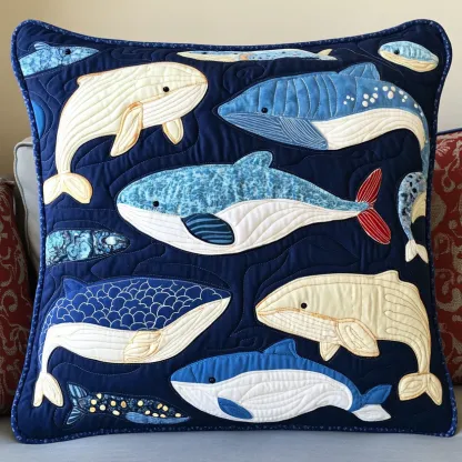 Navy Whale Pod Quilted Pillow
