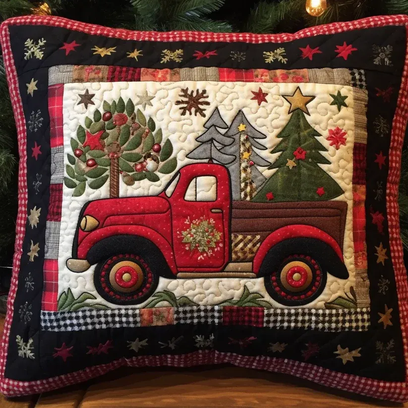 Vintage Red Truck Christmas Quilted Pillow