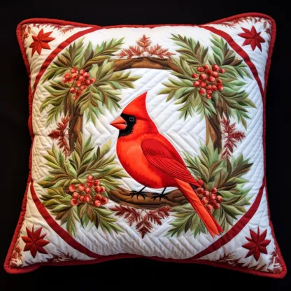 Cardinal Wreath Quilted Pillow