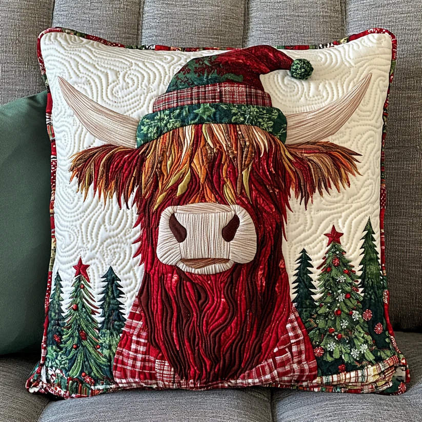 Christmas Highland Cow Quilted Pillow