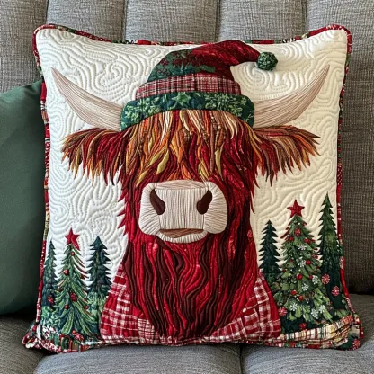 Christmas Highland Cow Quilted Pillow
