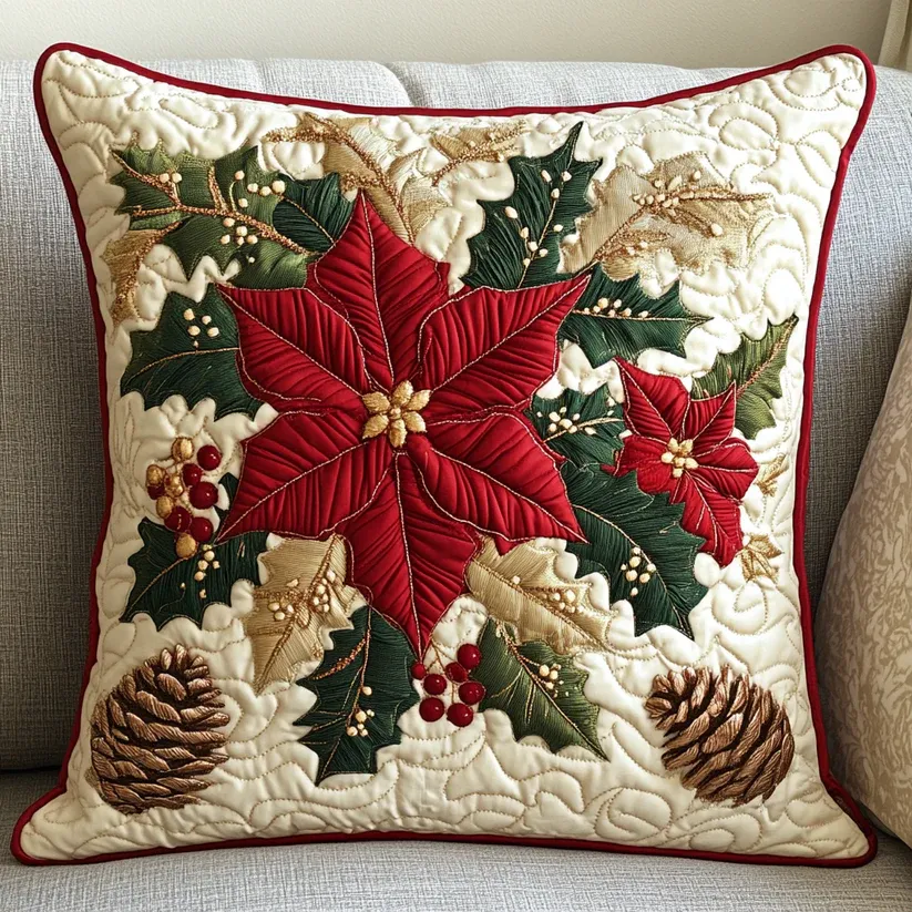 Poinsettia Christmas Quilted Pillow