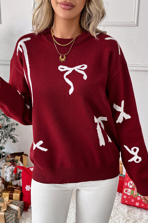 Merry Christmas Bow Print Casual Sweater-tidenox