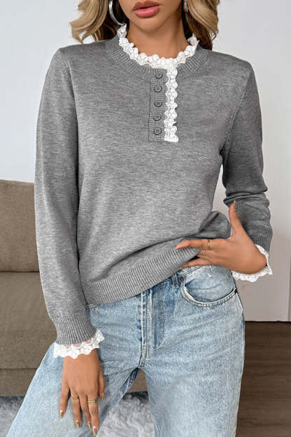 Lace Patchwork Long Sleeve Sweater-tidenox