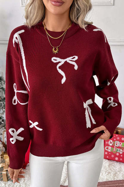 Merry Christmas Bow Print Casual Sweater-tidenox