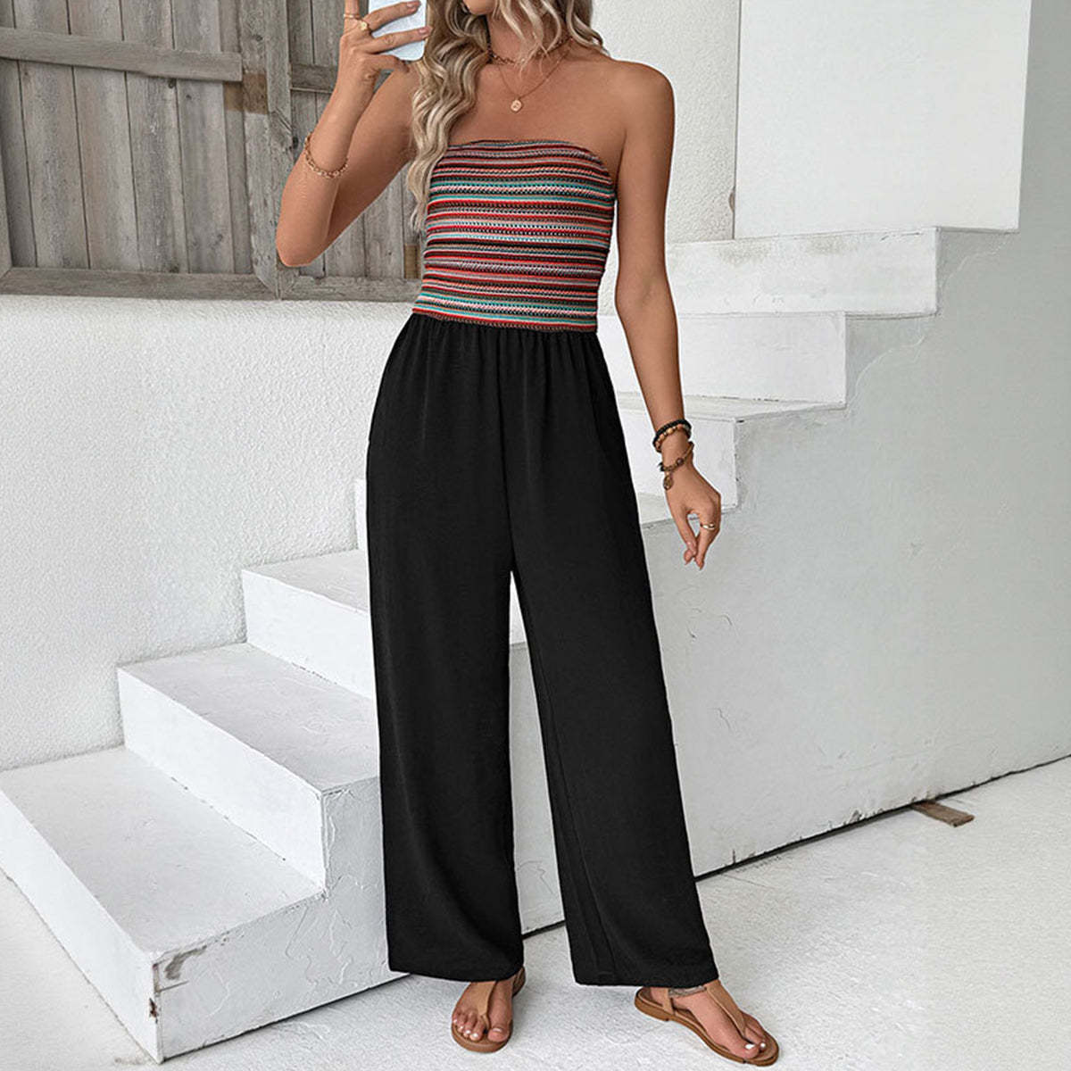 Fashion Bandeau Stripe Print Sleeveless Jumpsuit