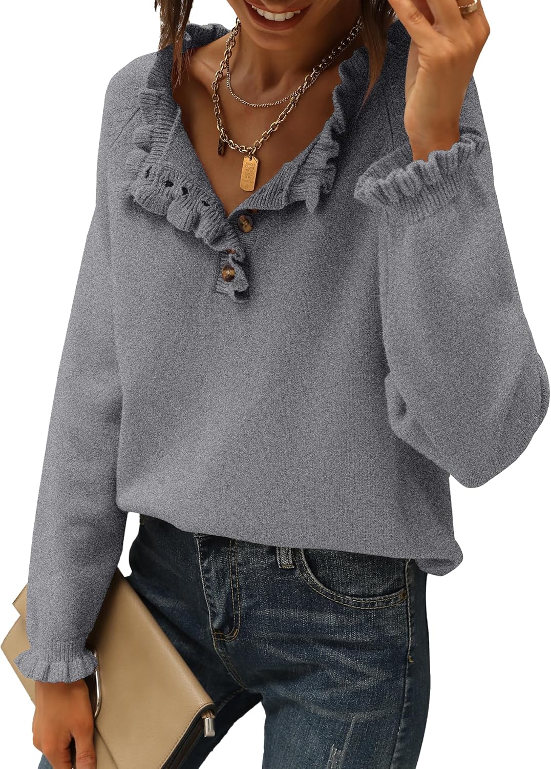 CLEARANCE SALE🔥Ruffle Trim Casual Knit Pullover Tops﻿(Buy 2 Free Shipping)-tidenox