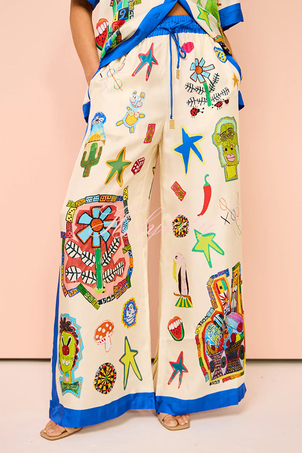 Vibrant Beach Satin Unique Print Colorblock Trim Elastic Waist Pocketed Wide Leg Pants-tidenox