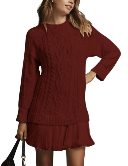 Women Crewneck Cable Knit Sweater Mini Dress (Buy 2 Free Shipping)-tidenox