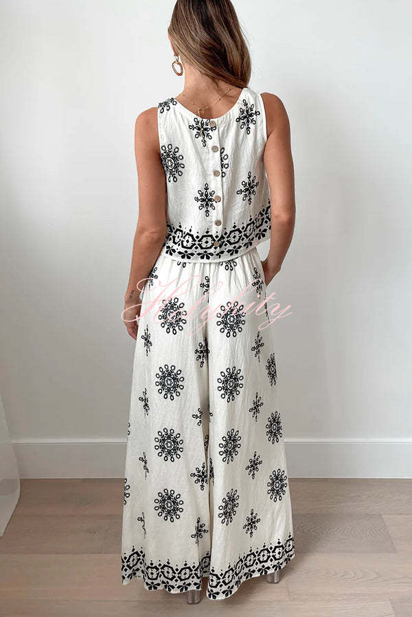 Unique Printed Round Neck Sleeveless Button Top and Elastic Waist Pocket Wide Leg Pants Set-tidenox
