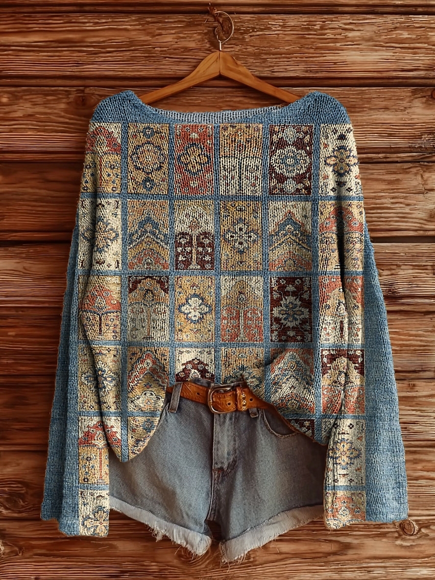 Women's Vintage Ethnic Tattoo Pattern Art Print Casual Pullover Sweater-tidenox