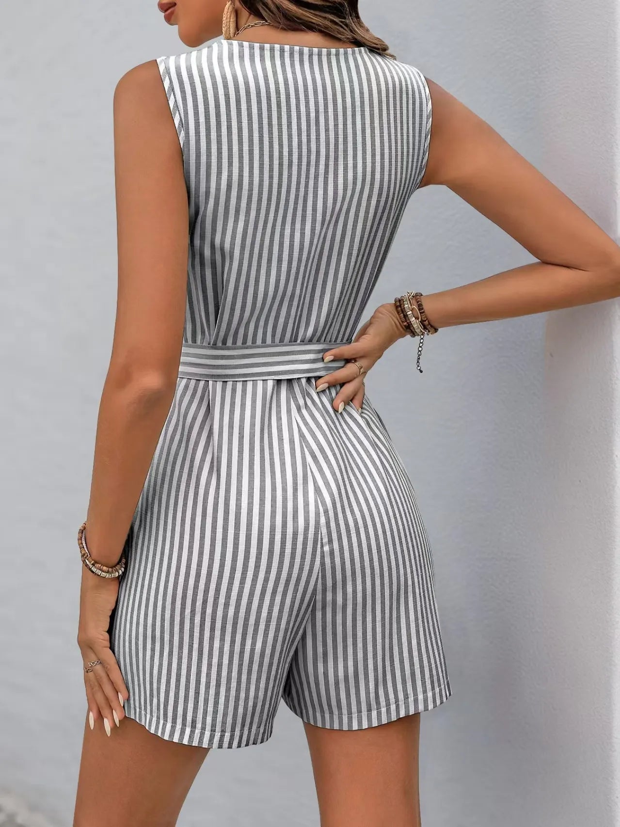 Striped V-neck Button Front Belted Romper-tidenox