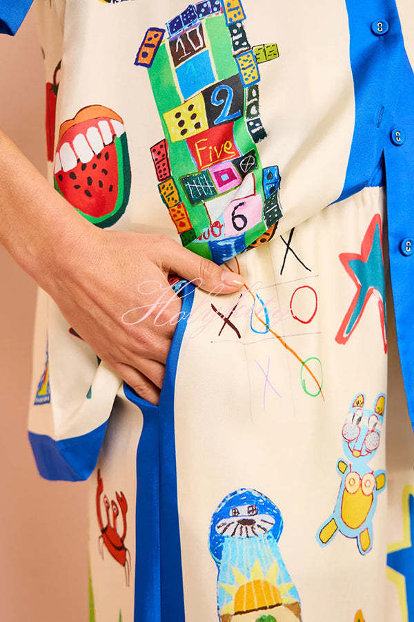 Vibrant Beach Satin Unique Print Colorblock Trim Elastic Waist Pocketed Wide Leg Pants-tidenox