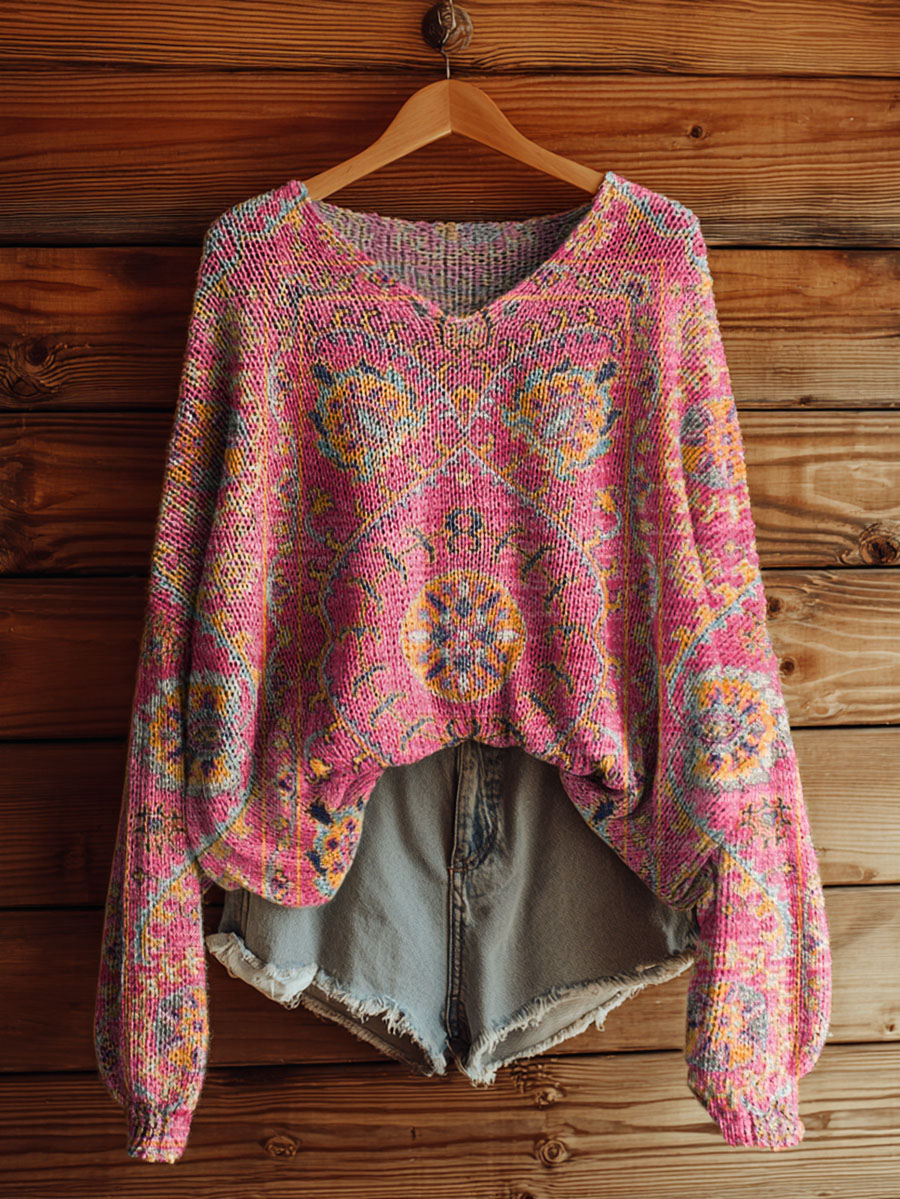 Women's Retro Floral Print Art Casual Pullover Sweater-tidenox