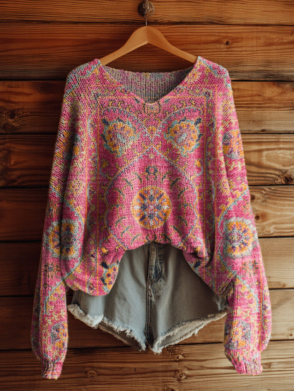 Women's Retro Floral Print Art Casual Pullover Sweater-tidenox