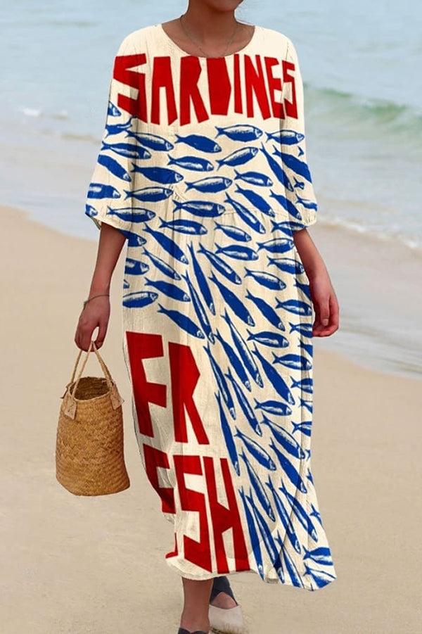 Unique Marine Print V-neck Short-sleeved Midi Dress-tidenox