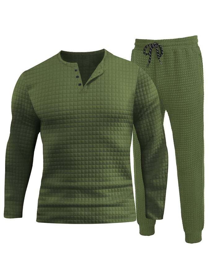 Men's Waffle Jacquard Casual Sport Knit Top Sweatpants Set-tidenox