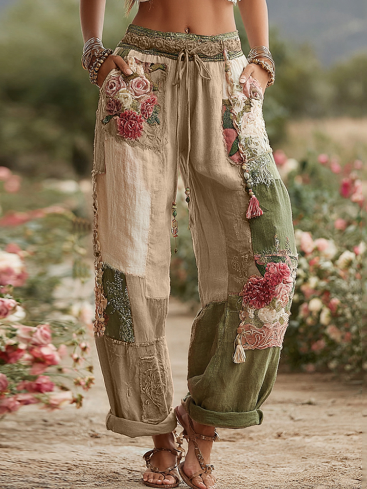 Love & Health Collection Retro Rose And Floral Patchwork Art Linen Pants-tidenox