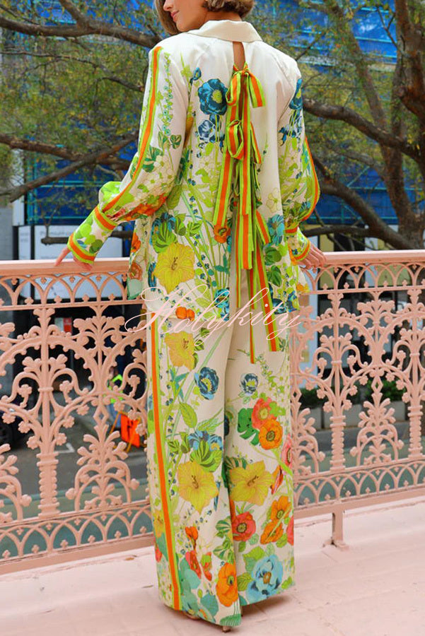 Marielle Satin Floral Print Back Elastic Waist Pocketed Wide Leg Pants-tidenox