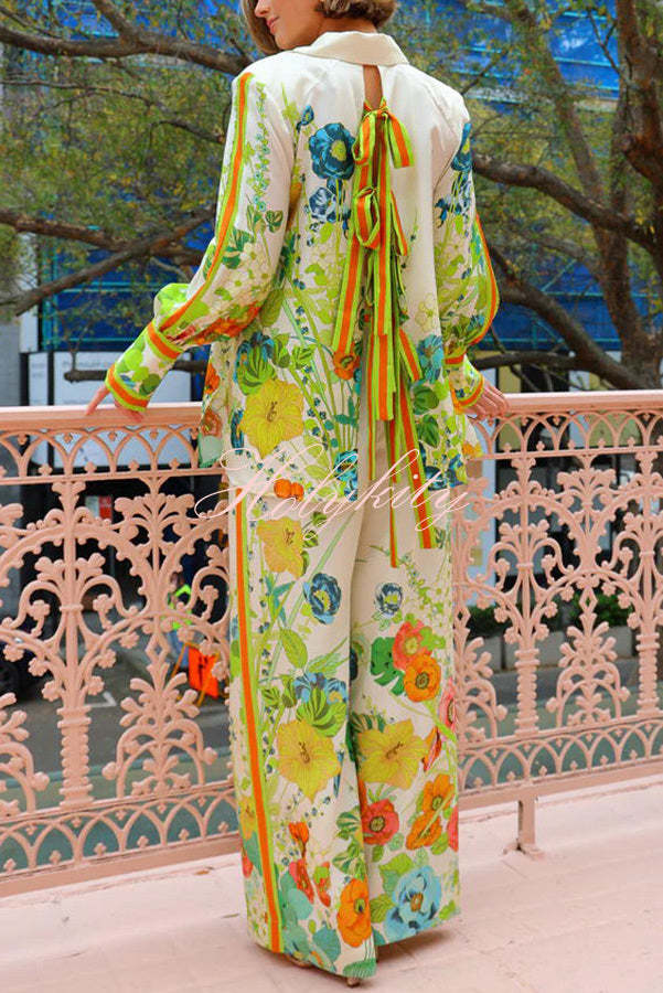 Marielle Satin Floral Print Back Elastic Waist Pocketed Wide Leg Pants-tidenox