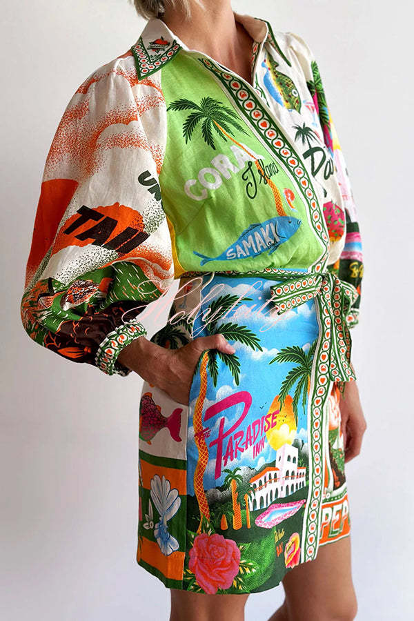 Summer Sophistication Linen Blend Unique Print Belted Pocket Shirt Mini Dress-tidenox