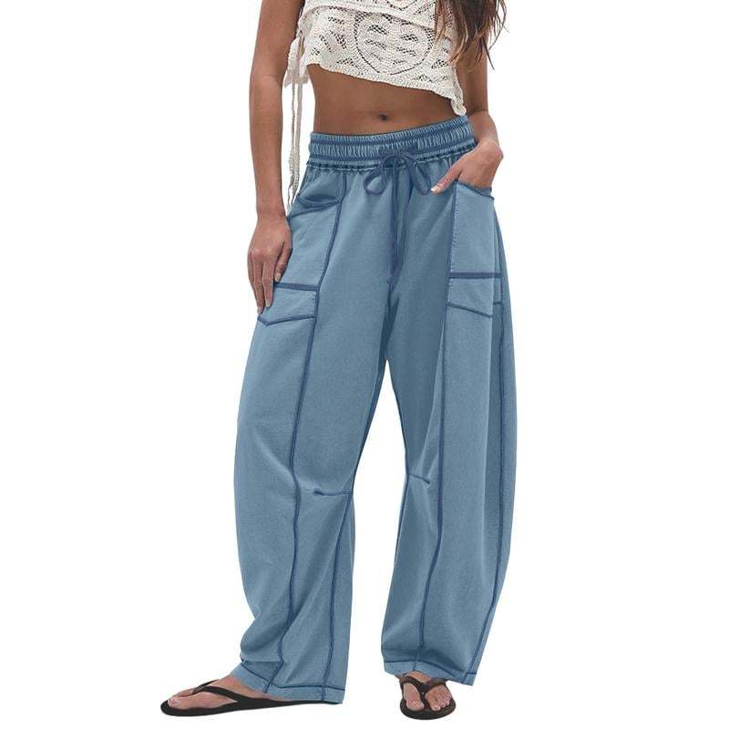 Womens Baggy Barrel Pants Wide Leg Lounge Drawstring Sweatpants with Pockets-tidenox