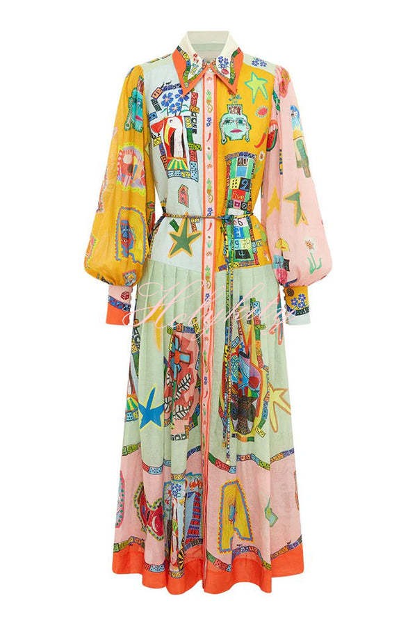 Set for Vacay Unique Print Colorblock Balloon Sleeve Belt Shirt Midi Dress-tidenox