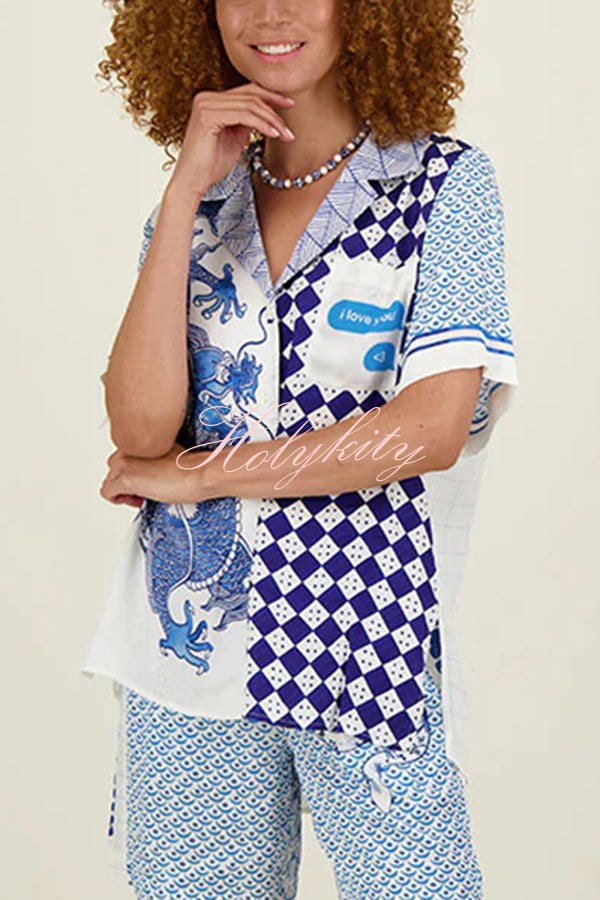 Unique Dragon Print Short Sleeve Loose Shirt and Elastic Waist Pocket Pants Silk Satin Set-tidenox
