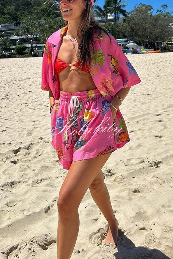 Linen Blend Colorful Shell Print Shirt Top and Elastic Waist Pocket Shorts Set-tidenox