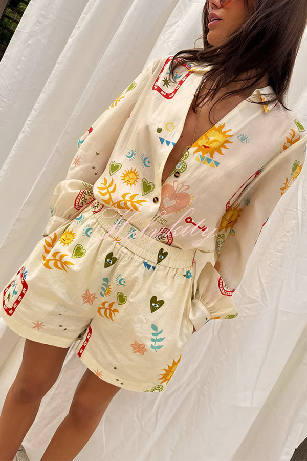 Funny Vacation Unique Printed Long Sleeve Shirt and Elastic Waist Pocket Loose Shorts Set-tidenox
