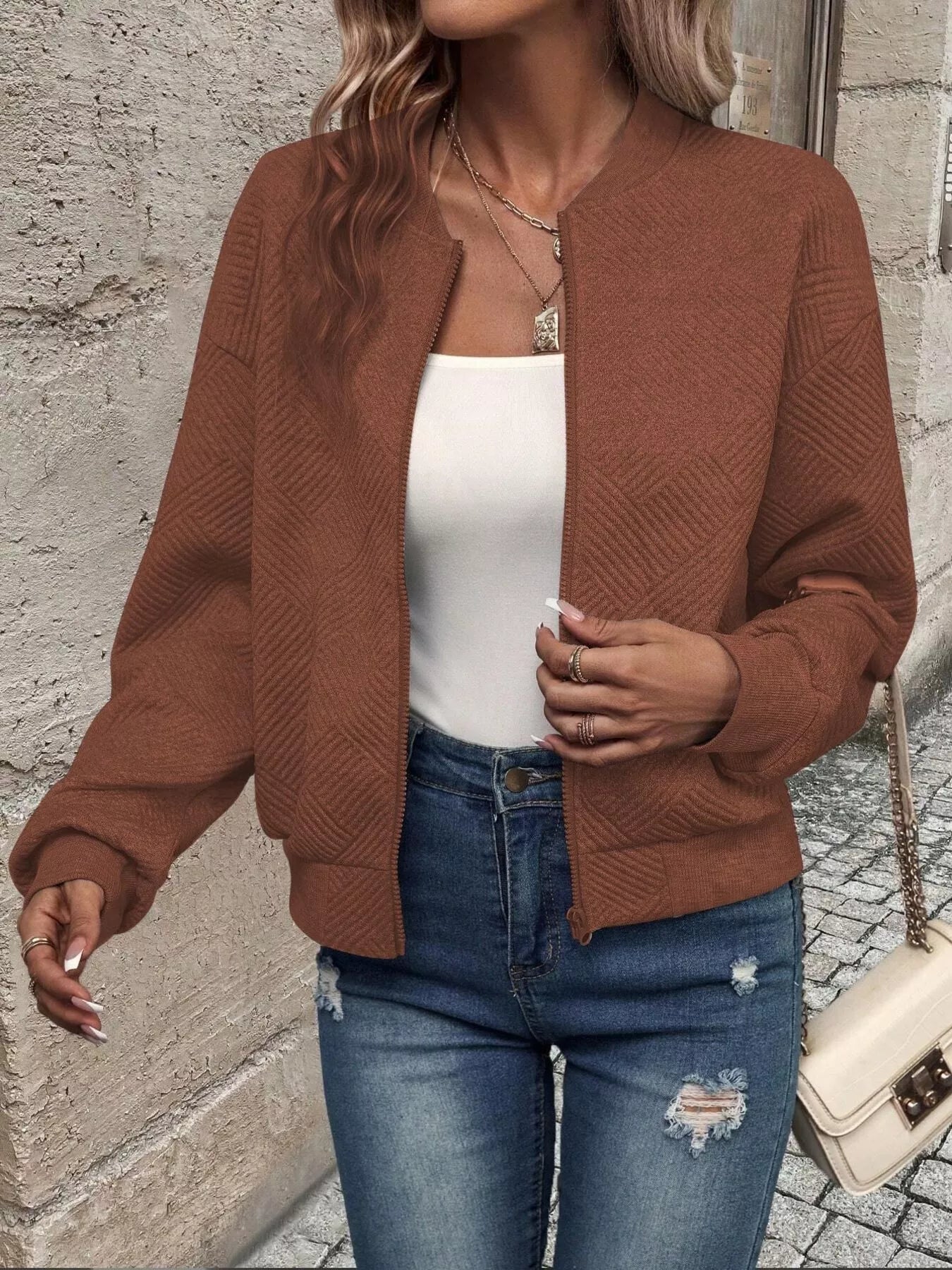Full Size Zip Up Long Sleeve Textured Jacket Plus Size-tidenox