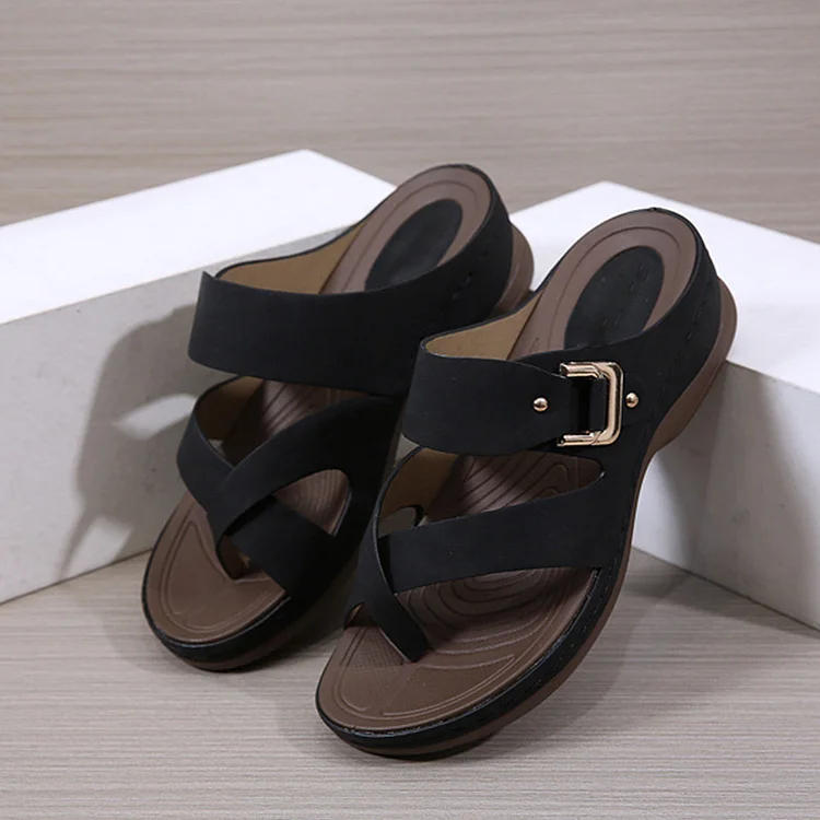 LAST DAY 70% OFF-Women's Orthopedic Wedge Wide Toe Arch Support Leather Sandals-tidenox