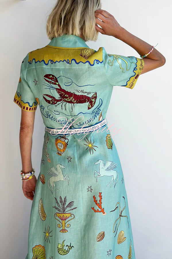Deep Sea Dreaming Linen Blend Unique Print Short Sleeve Tie-up Shirt Maxi Dress-tidenox