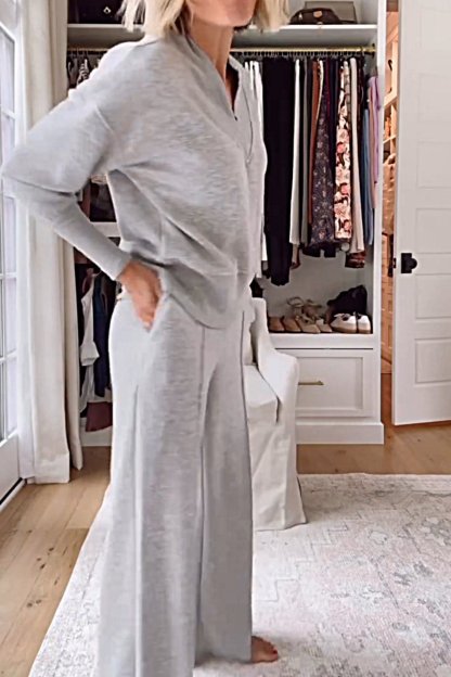 ⏰LAST DAY SAVE 49%💥Women's Solid Color V-neck Top & Pants Two-piece Set-tidenox