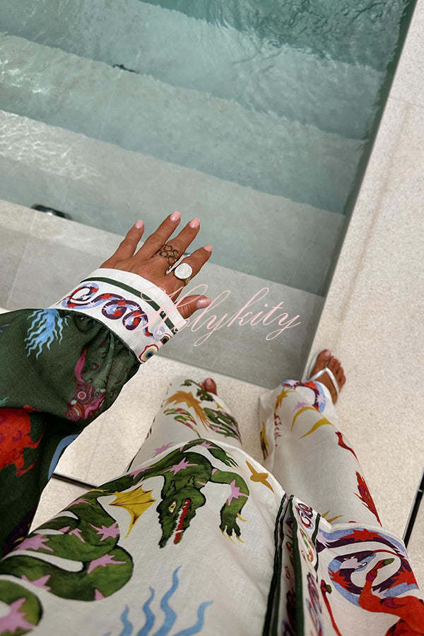 Bohemian Beauty Unique Print Long Sleeve Loose Shirt and Elastic Waist Pants Set-tidenox
