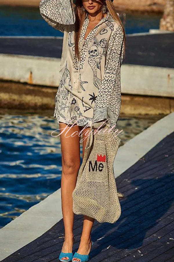 Live By Water Satin Unique Print Tassle Shirt and Elastic Waist Shorts Set-tidenox