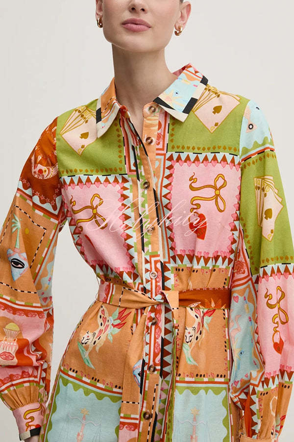 Linen Blend Unique Printed Long Sleeve Lapel Tie-waist Midi Dress-tidenox