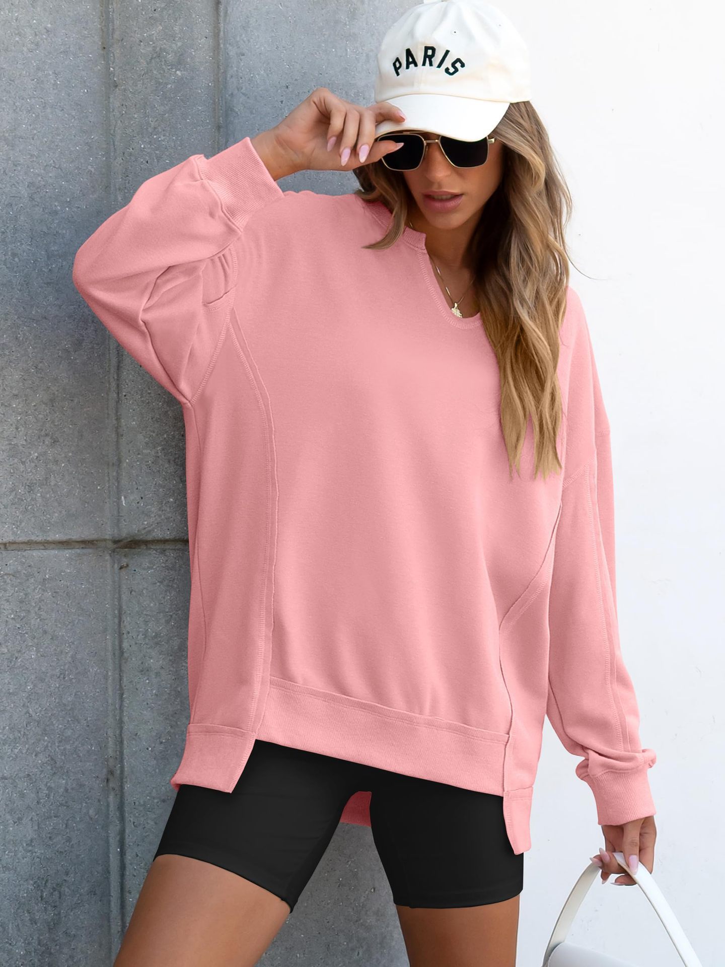 Womens Oversized Sweatshirt V Neck Long Sleeve Tunic Lightweight Pullover-tidenox