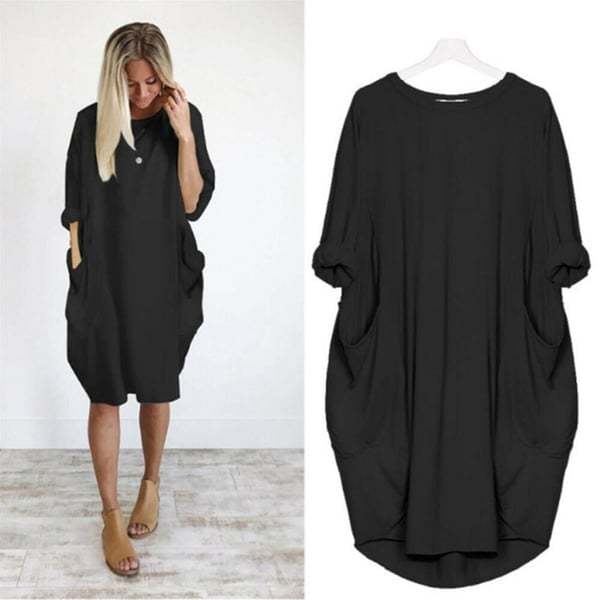 💝17 Colors Women Casual Loose Pocket Long Sleeves Dress-tidenox
