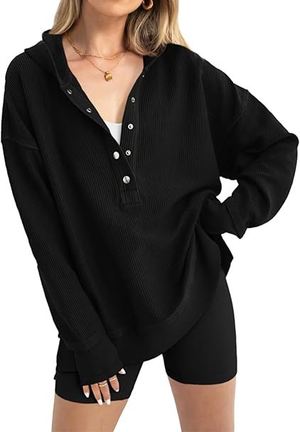 Womens Fashion Long Sleeve Hoodie Oversized Button Up V Neck Sweatshir