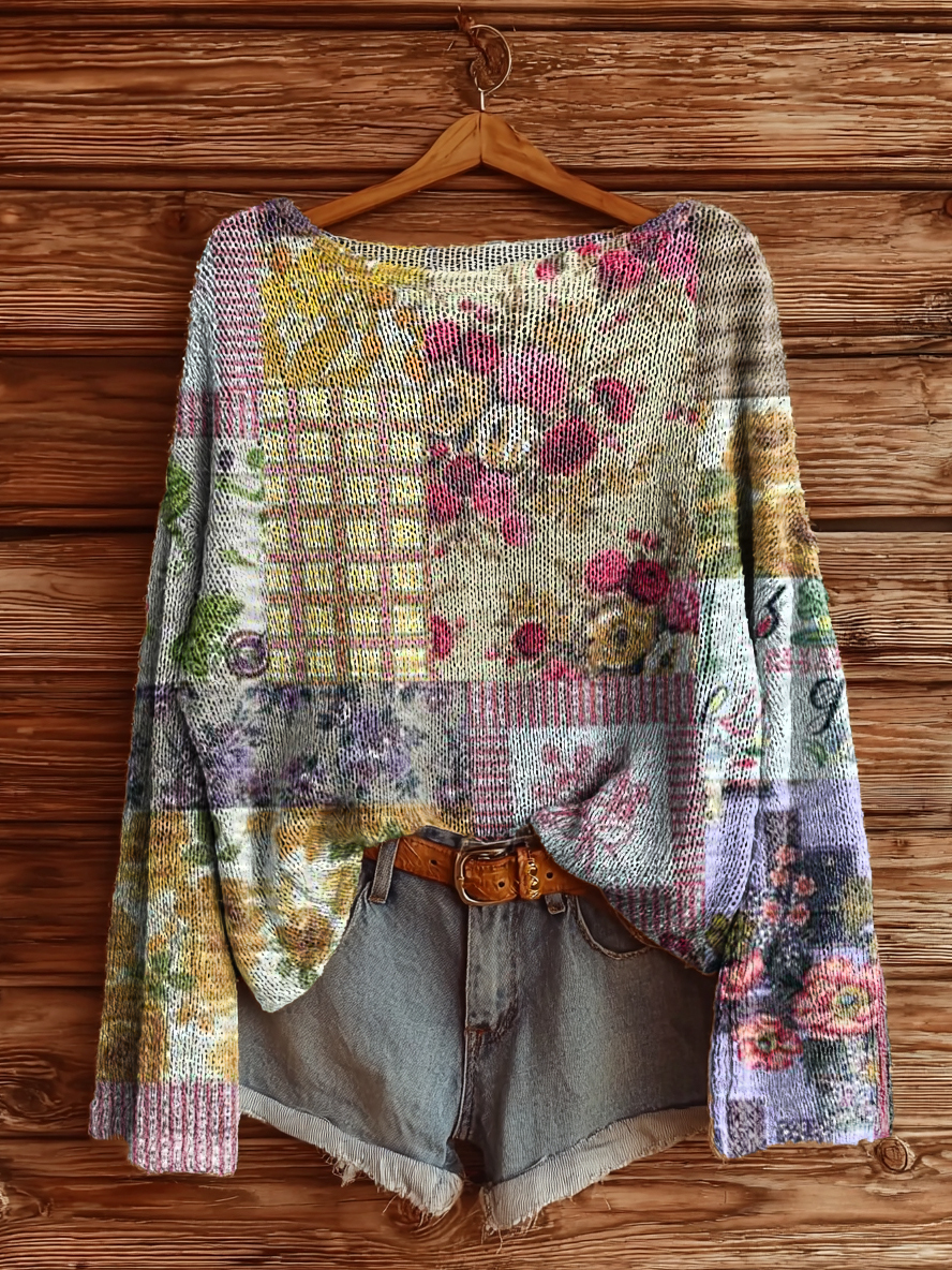 Women's Vintage Floral Collage Art Print Casual Pullover Sweater-tidenox
