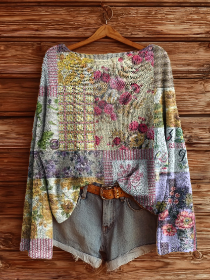 Women's Vintage Floral Collage Art Print Casual Pullover Sweater-tidenox